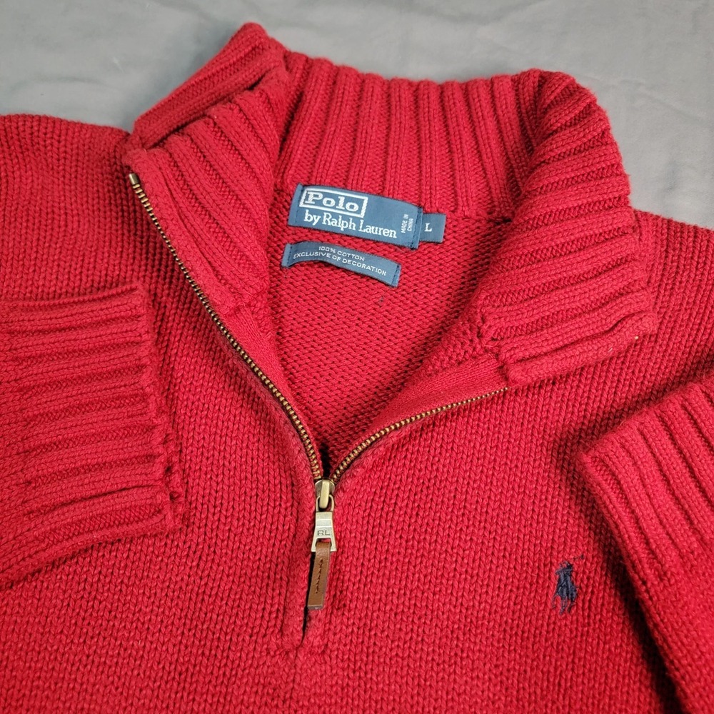 Vintage Polo Ralph Lauren Sweater Men's Large Red 1/4 Zip 100% Cotton LS Pony